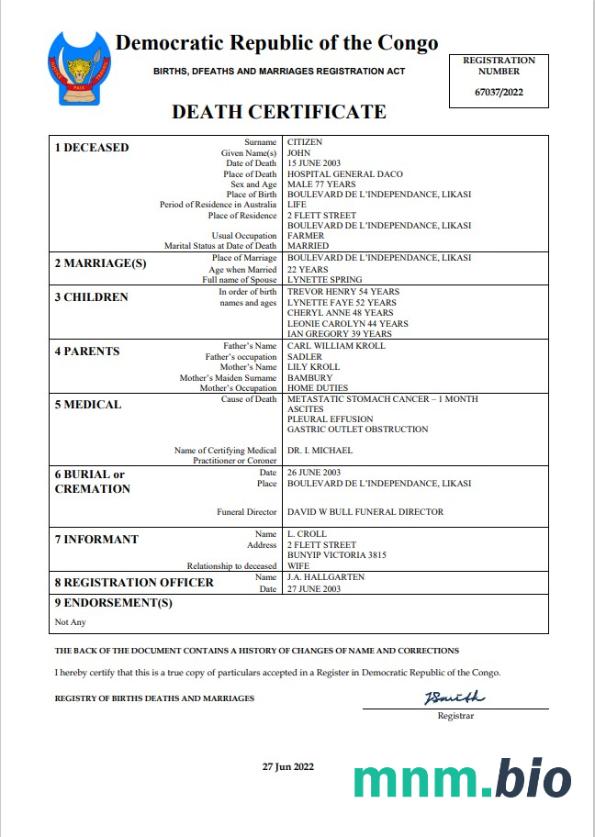 Democratic Republic of the Congo rekord życiowy śmierć certyfikat Word i PDF szablon